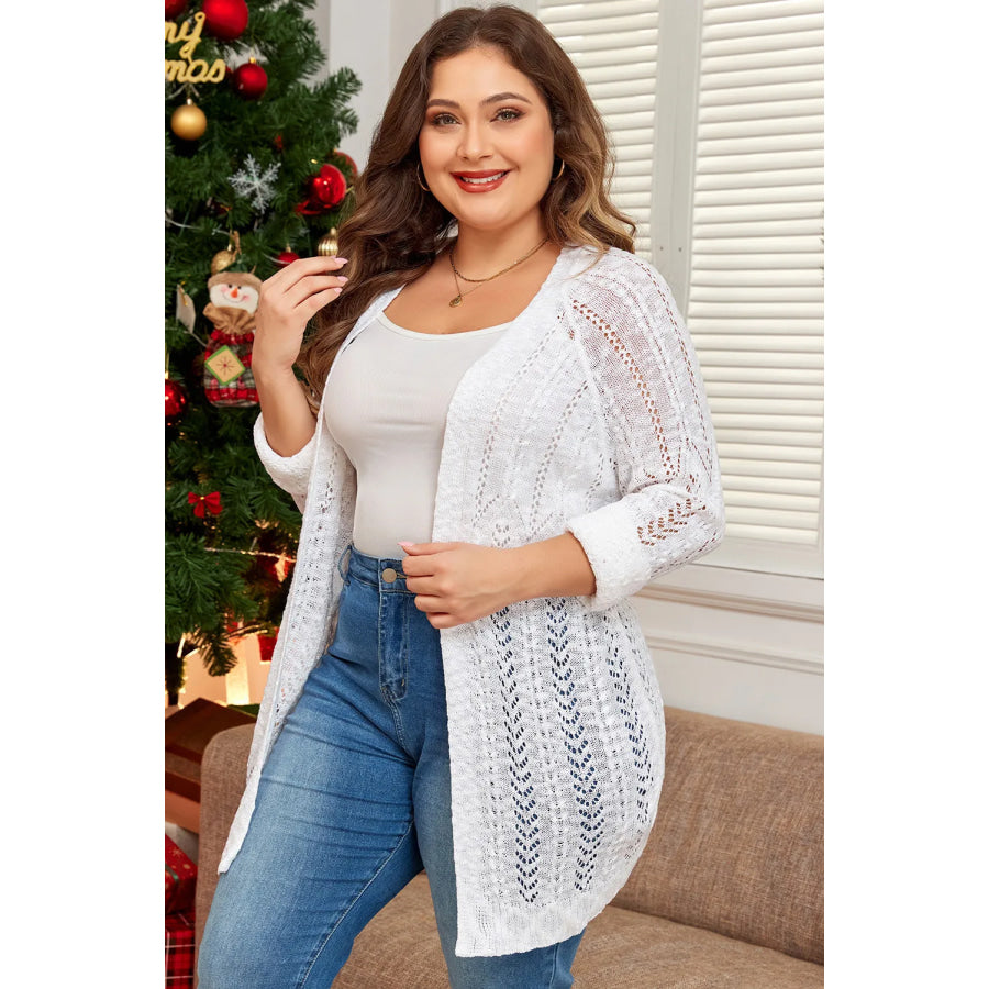 Plus Size Openwork Open Front Long Sleeve Cardigan Apparel and Accessories