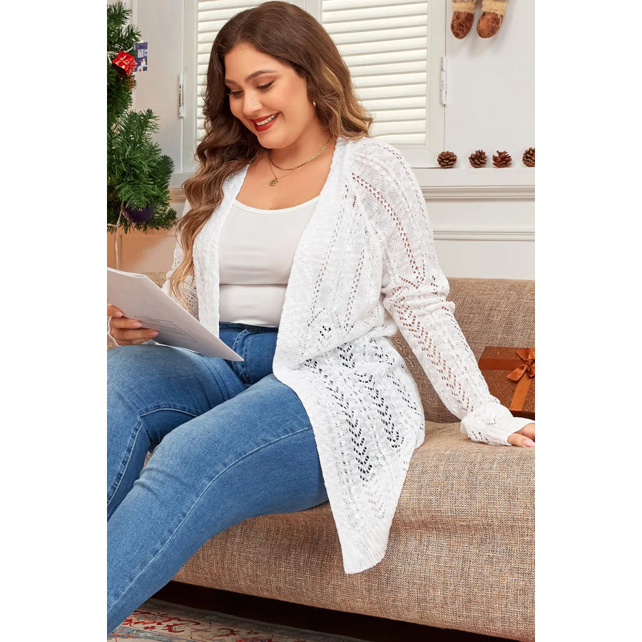 Plus Size Openwork Open Front Long Sleeve Cardigan Apparel and Accessories