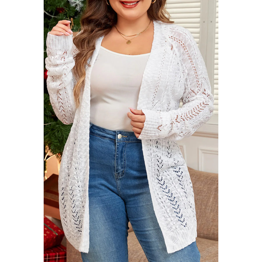 Plus Size Openwork Open Front Long Sleeve Cardigan White / 1XL Apparel and Accessories