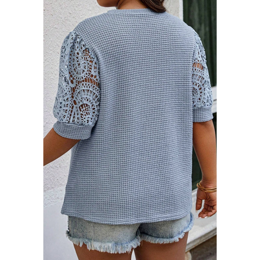 Plus Size Openwork Round Neck Half Sleeve Blouse Apparel and Accessories