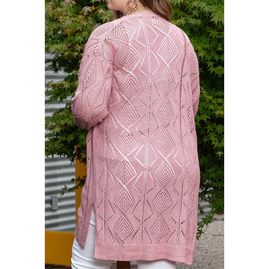 Plus Size Openwork V - Neck Long Sleeve Buttoned Cardigan Clothing