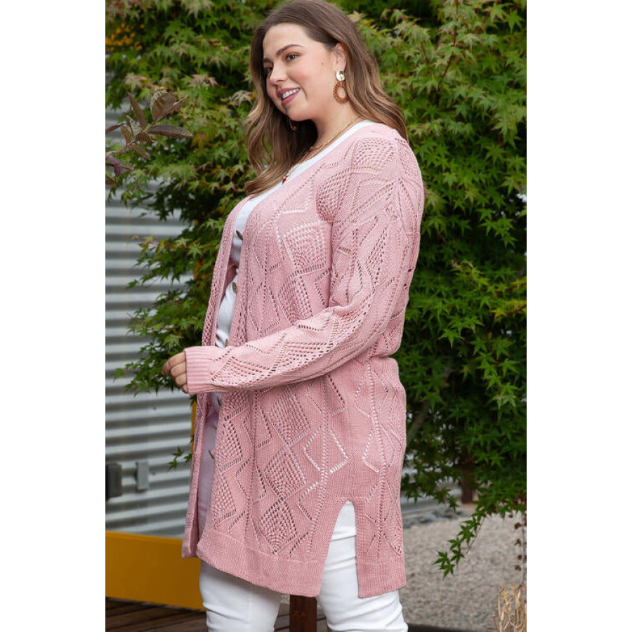 Plus Size Openwork V - Neck Long Sleeve Buttoned Cardigan Clothing