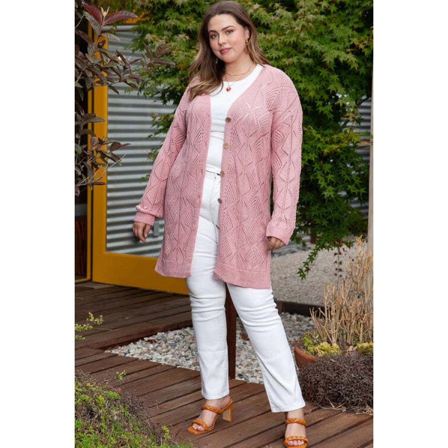 Plus Size Openwork V - Neck Long Sleeve Buttoned Cardigan Clothing