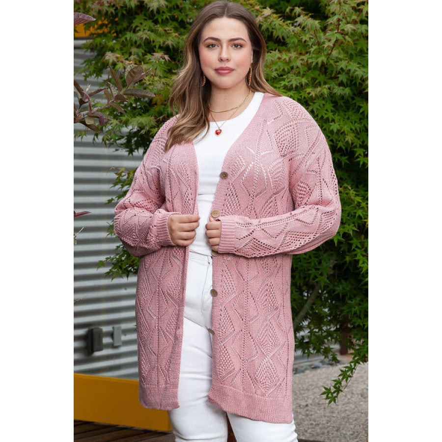 Plus Size Openwork V - Neck Long Sleeve Buttoned Cardigan Dusty Pink / 1XL Clothing