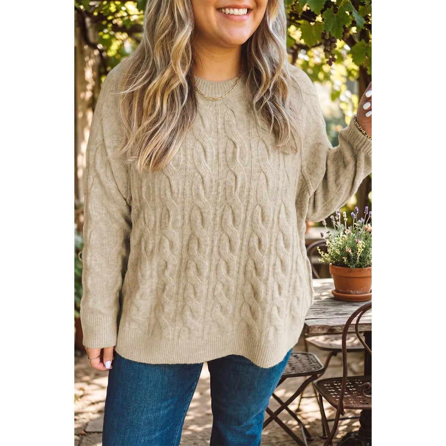 Plus Size Oversized Cable Knit Long Sleeve Round Neck Sweater Apparel and Accessories