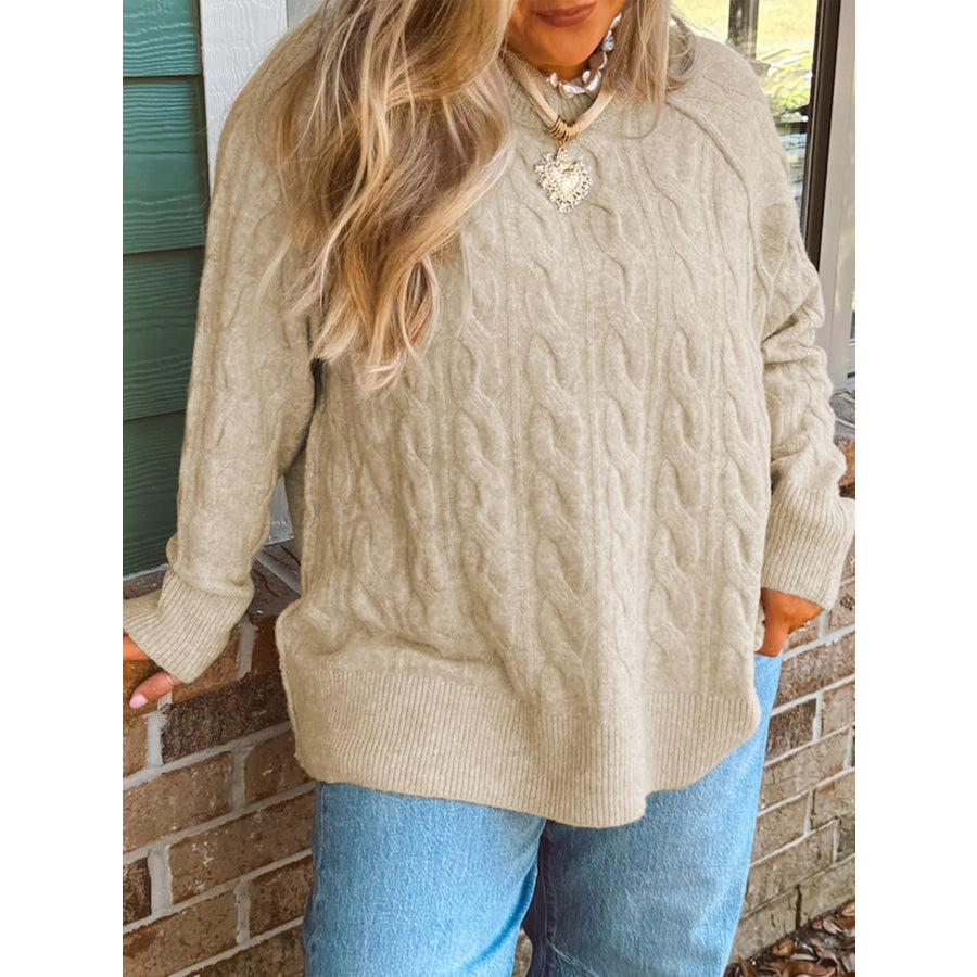 Plus Size Oversized Cable Knit Long Sleeve Round Neck Sweater Khaki / 1X Apparel and Accessories