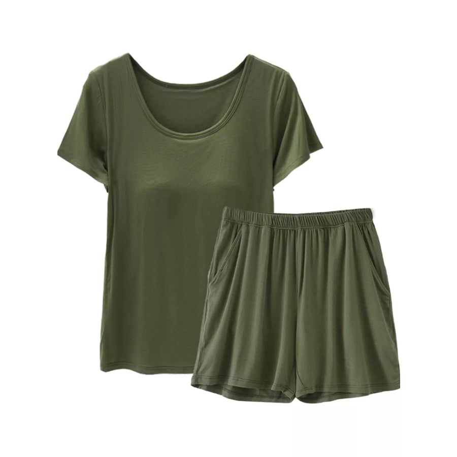 Plus Size Padded Modal Short Sleeve T-Shirt and Shorts Set Army Green / M Apparel and Accessories