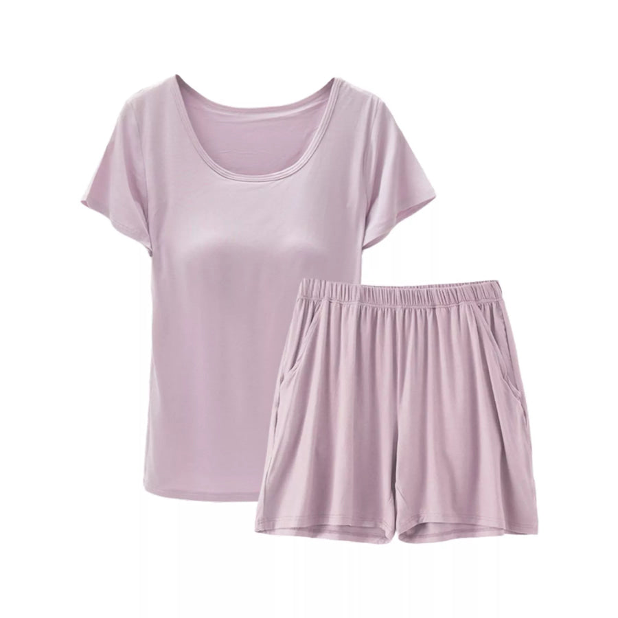 Plus Size Padded Modal Short Sleeve T-Shirt and Shorts Set Bean Paste Powder / M Apparel and Accessories