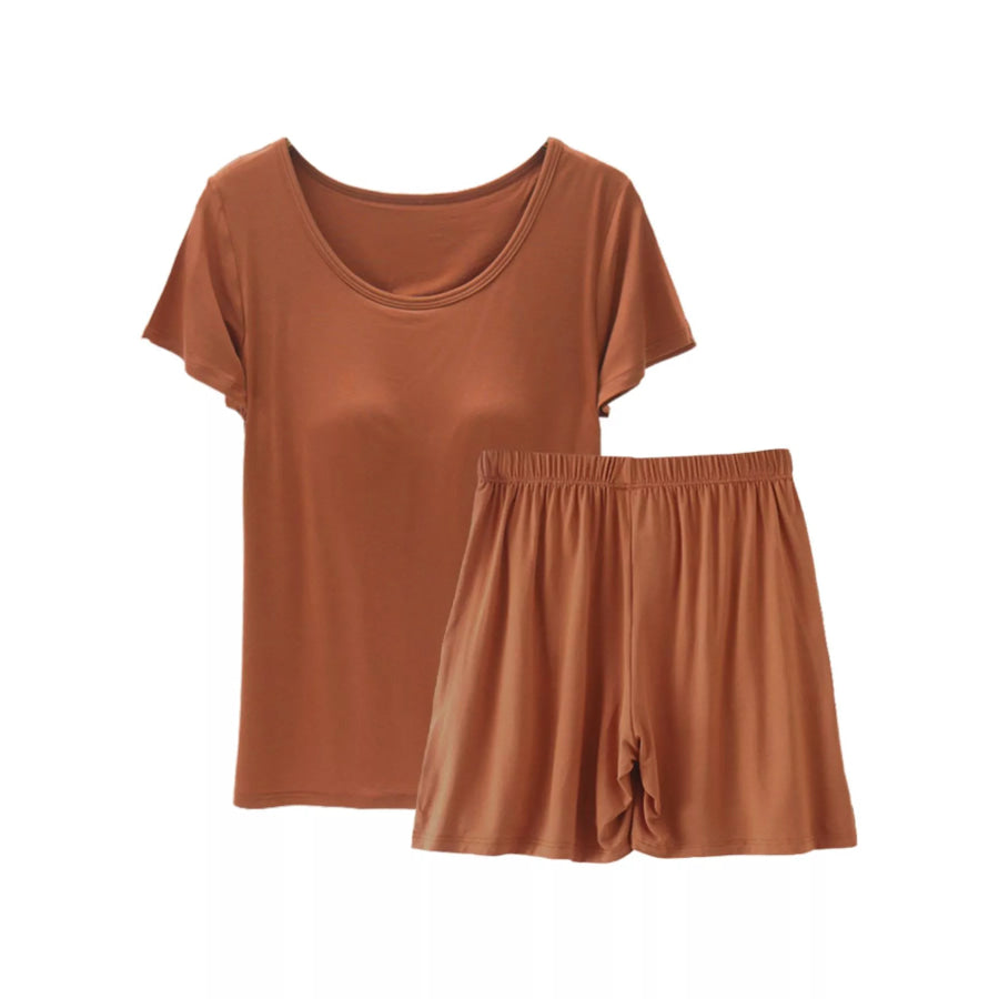 Plus Size Padded Modal Short Sleeve T-Shirt and Shorts Set Caramel / M Apparel and Accessories