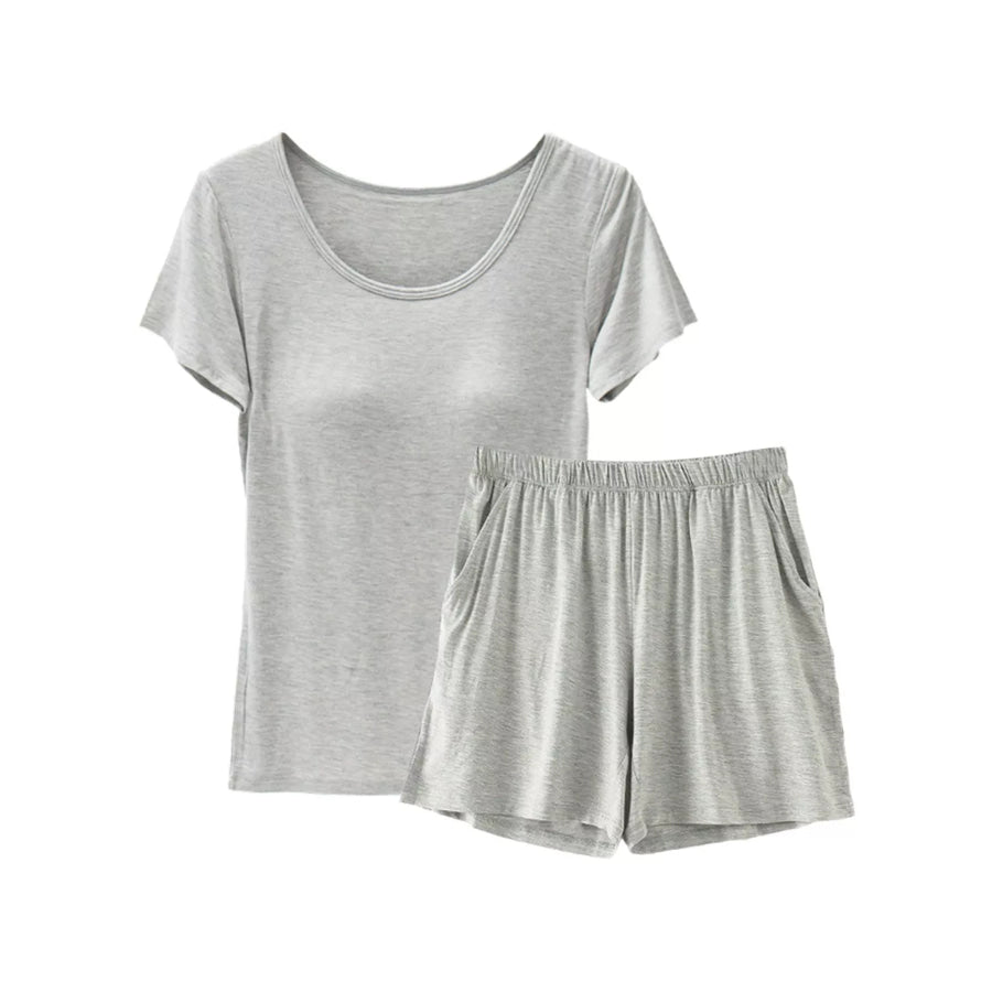 Plus Size Padded Modal Short Sleeve T-Shirt and Shorts Set Heather Gray / M Apparel and Accessories