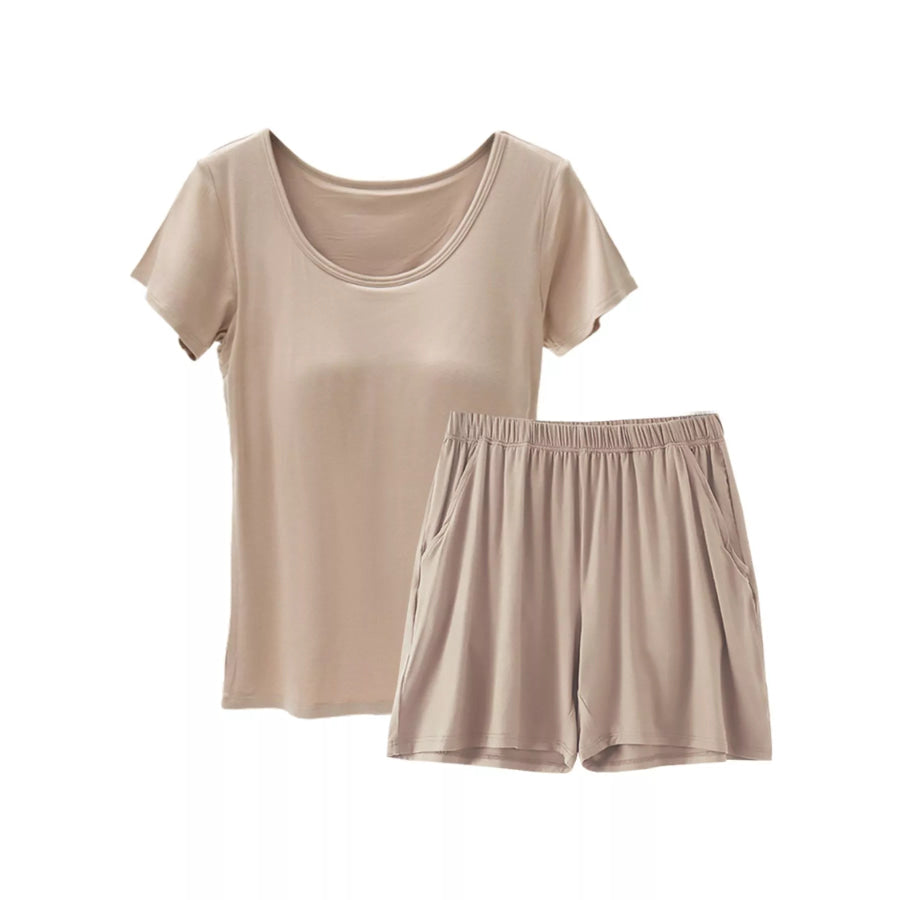 Plus Size Padded Modal Short Sleeve T-Shirt and Shorts Set Khaki / M Apparel and Accessories