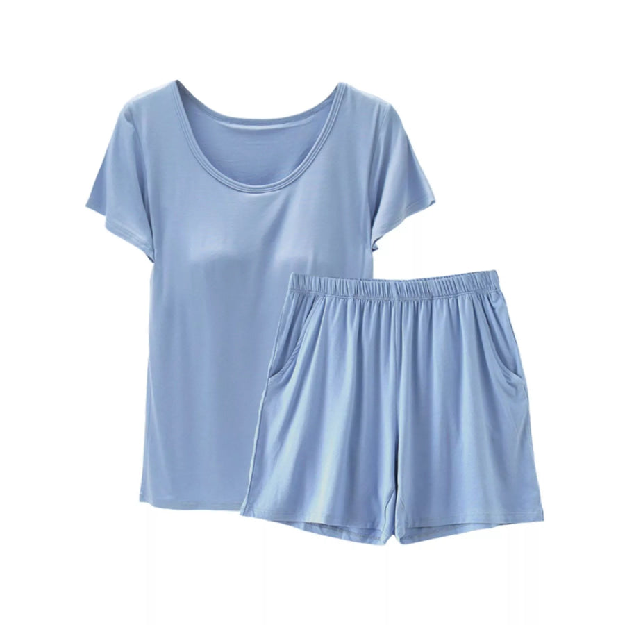 Plus Size Padded Modal Short Sleeve T-Shirt and Shorts Set Light Blue / M Apparel and Accessories