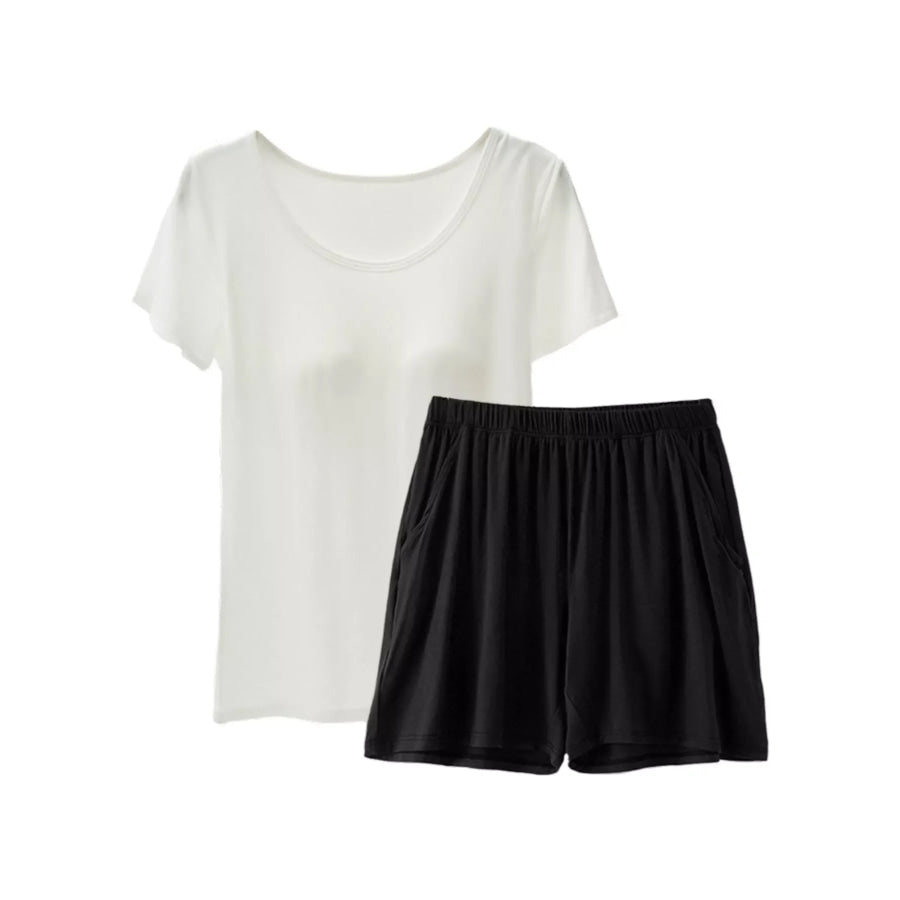 Plus Size Padded Modal Short Sleeve T-Shirt and Shorts Set Milky White + Black / M Apparel and Accessories