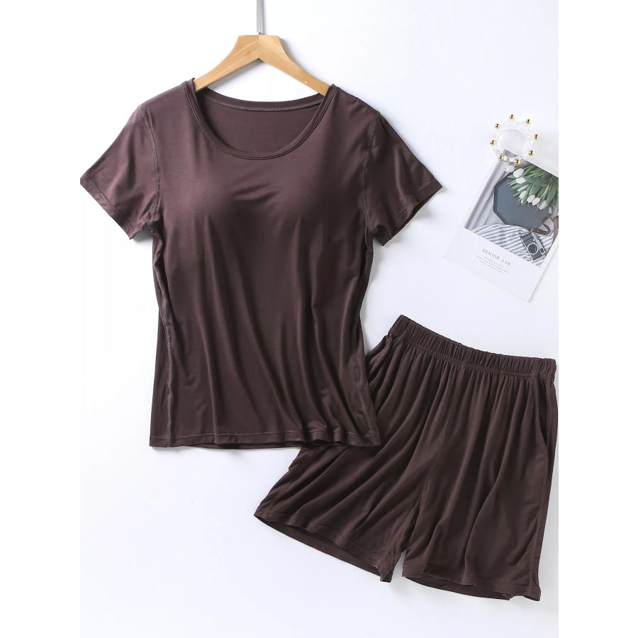 Plus Size Padded Round Neck Modal T-Shirt and Shorts Set Black Coffee / M Apparel and Accessories