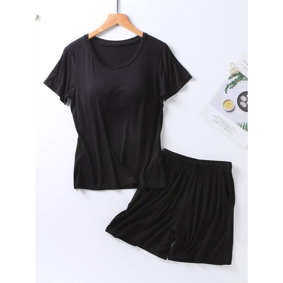 Plus Size Padded Round Neck Modal T-Shirt and Shorts Set Black / M Apparel and Accessories