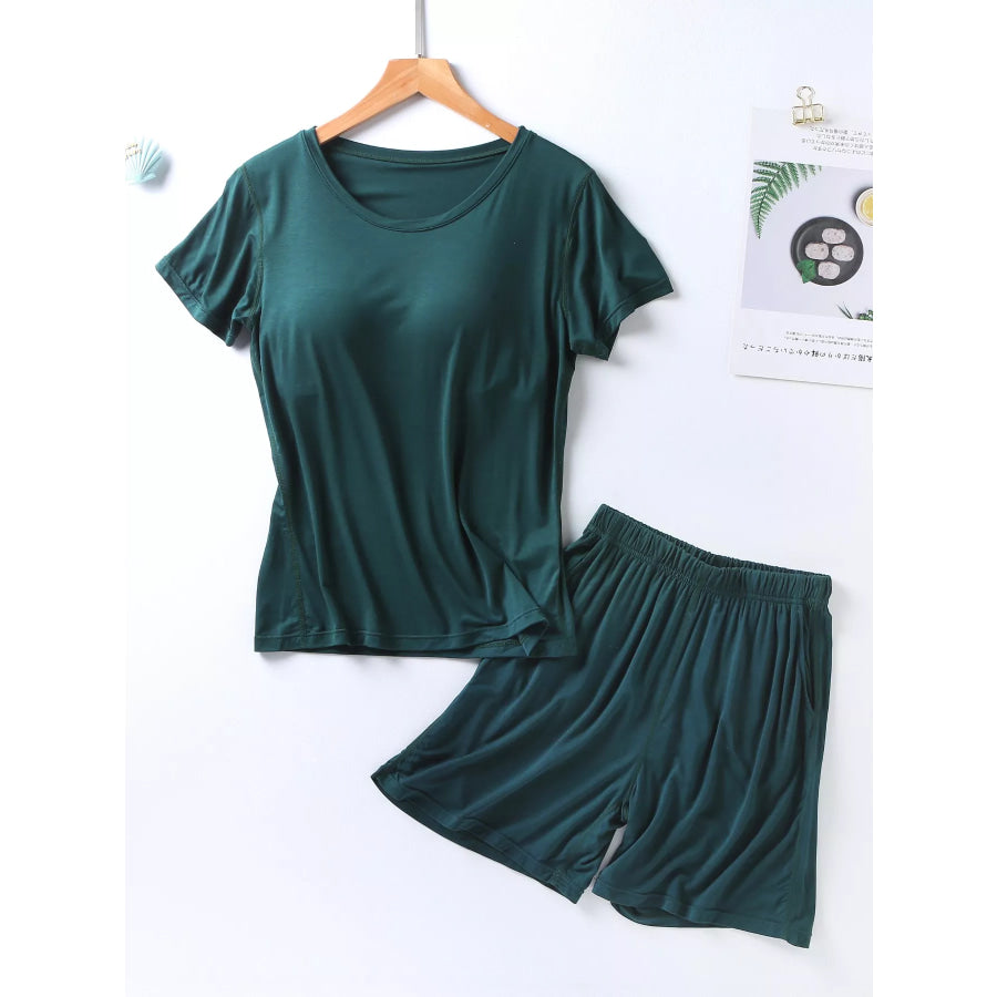 Plus Size Padded Round Neck Modal T-Shirt and Shorts Set Fini Green / M Apparel and Accessories