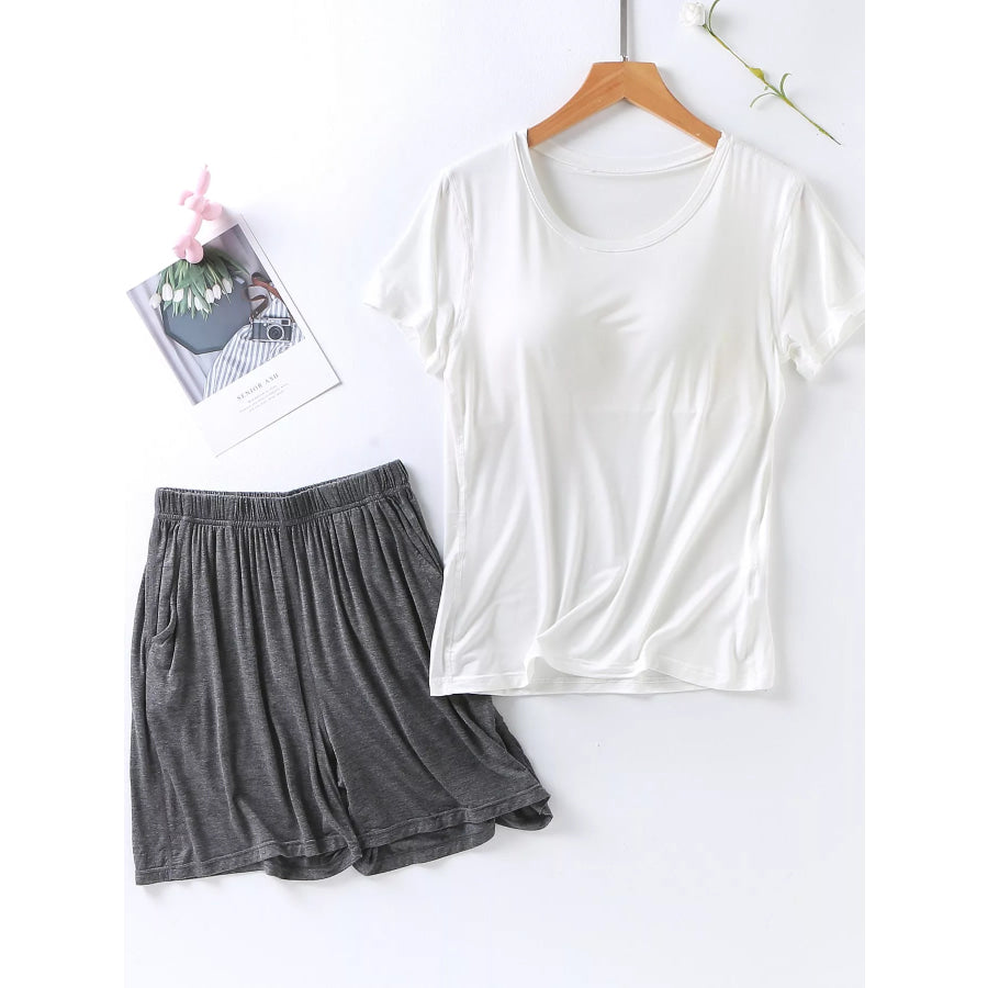 Plus Size Padded Round Neck Modal T-Shirt and Shorts Set Gray And White / M Apparel and Accessories