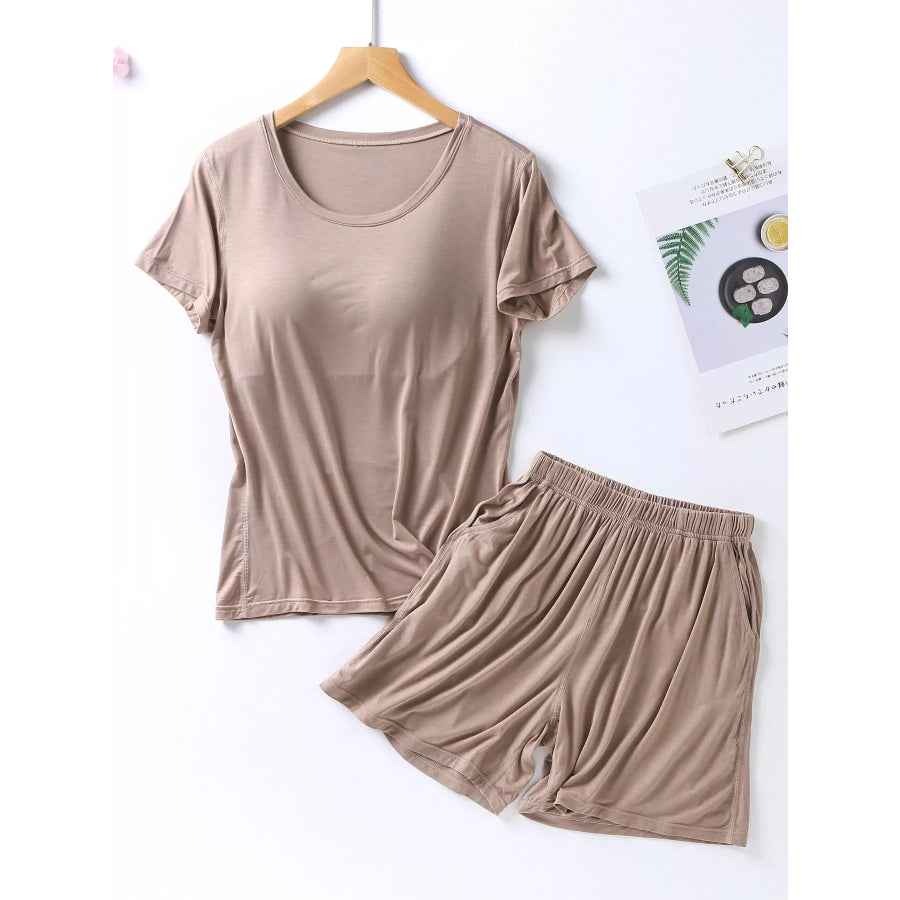 Plus Size Padded Round Neck Modal T-Shirt and Shorts Set Milk Tea Camel / M Apparel and Accessories