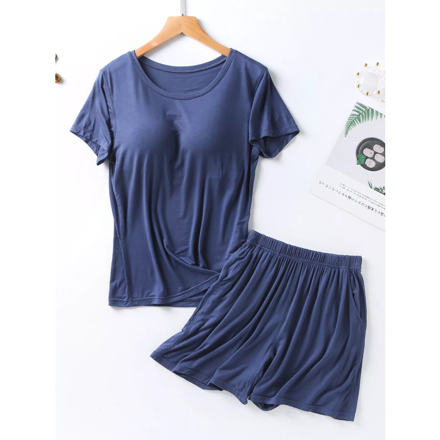 Plus Size Padded Round Neck Modal T-Shirt and Shorts Set Space Blue / M Apparel and Accessories