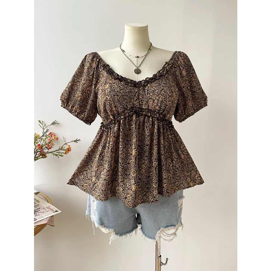 Plus Size Paisley Print Short Sleeve Blouse Apparel and Accessories