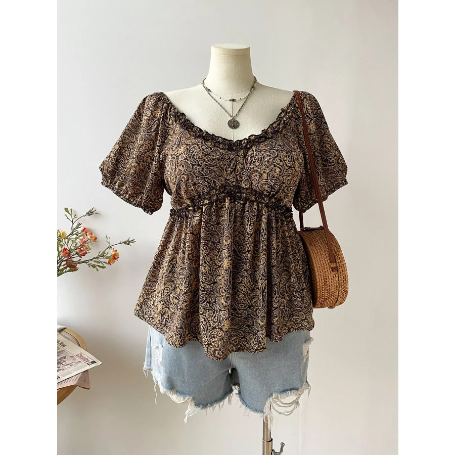 Plus Size Paisley Print Short Sleeve Blouse Coffee Brown / 0XL Apparel and Accessories