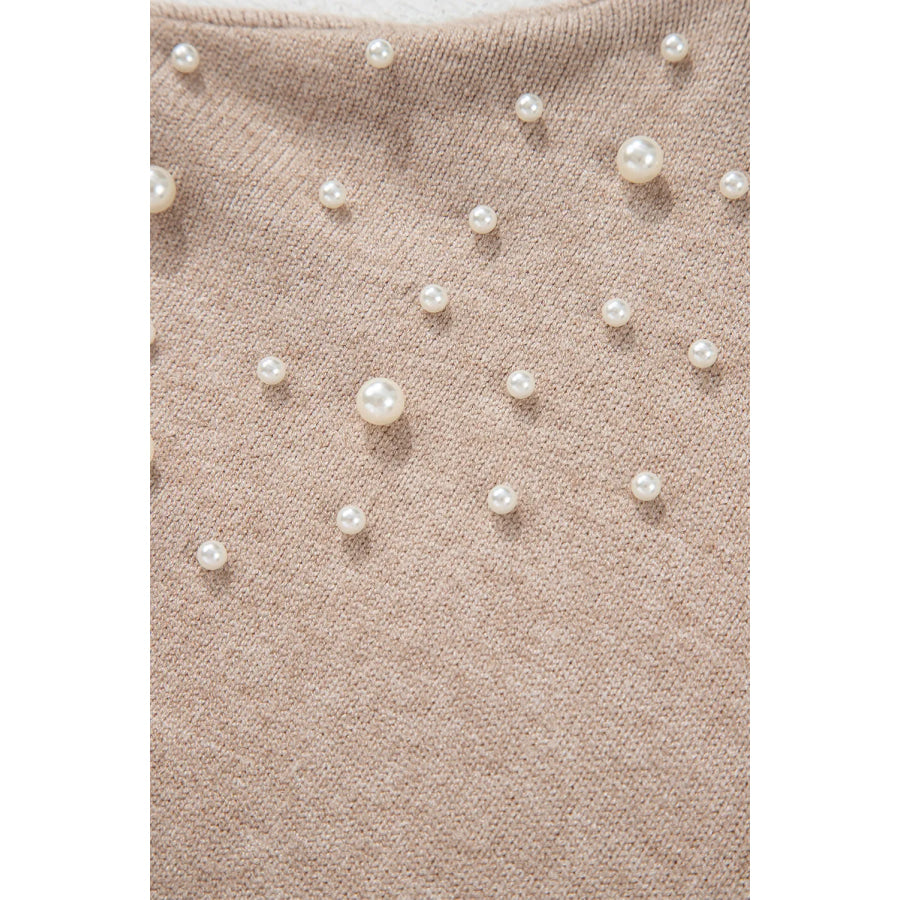 Plus Size Pearl Detail Round Neck Long Sleeve Sweater Apparel and Accessories