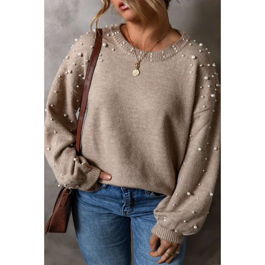 Plus Size Pearl Detail Round Neck Long Sleeve Sweater Dust Storm / 1XL Apparel and Accessories