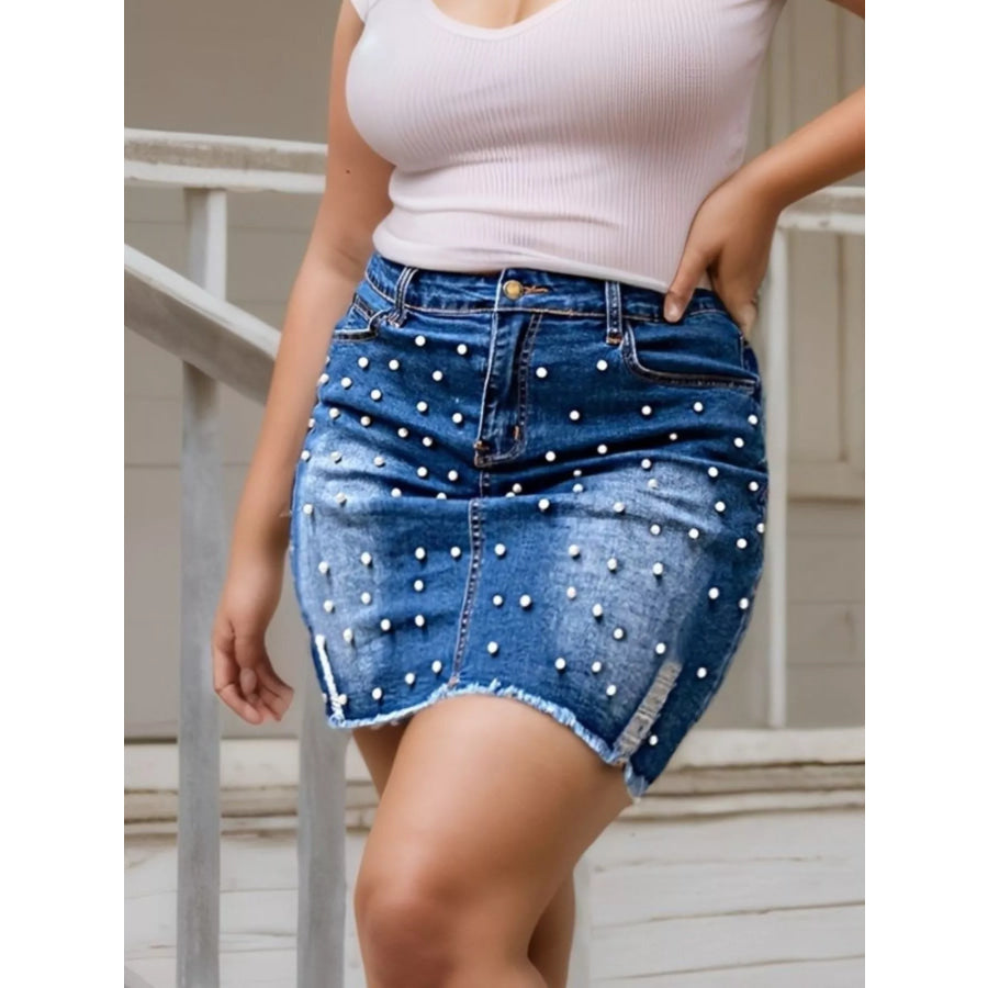 Plus Size Pearl Embellished Denim Skirt Apparel and Accessories