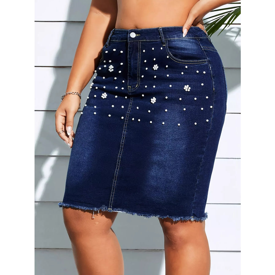Plus Size Pearl Embellished Frayed Hem Denim Skirt Apparel and Accessories