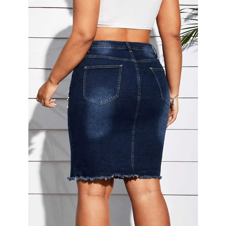 Plus Size Pearl Embellished Frayed Hem Denim Skirt Apparel and Accessories