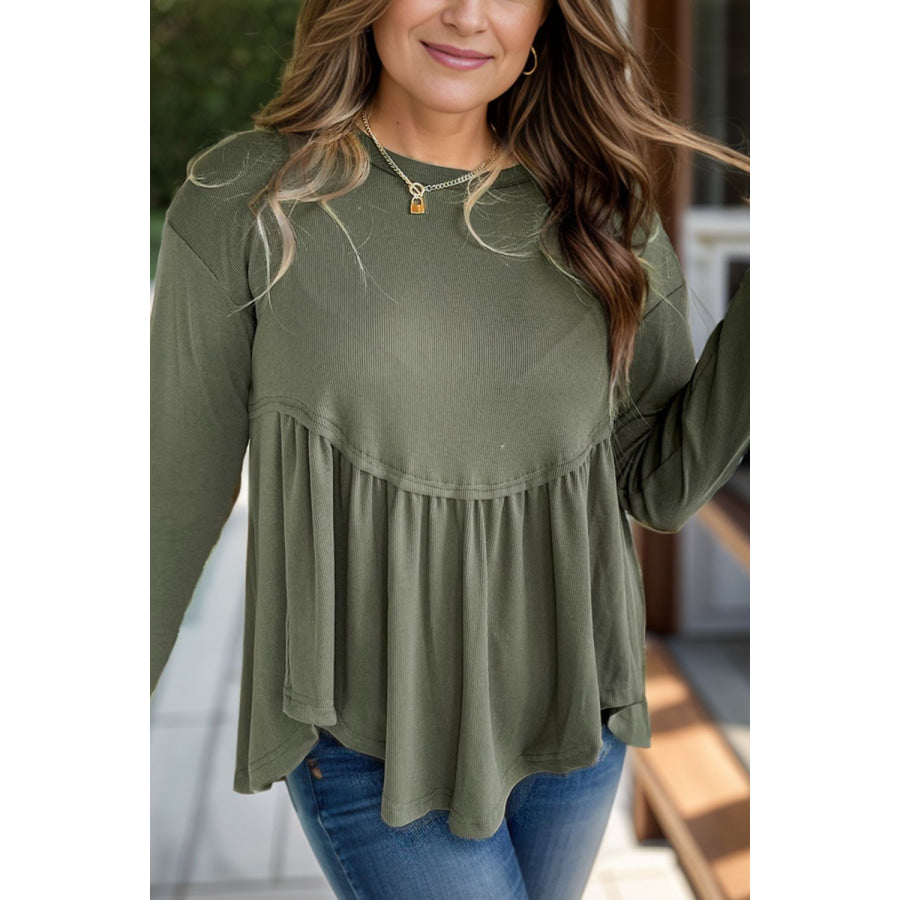 Plus Size Peplum Round Neck Long Sleeve Blouse Moss / 1XL Apparel and Accessories