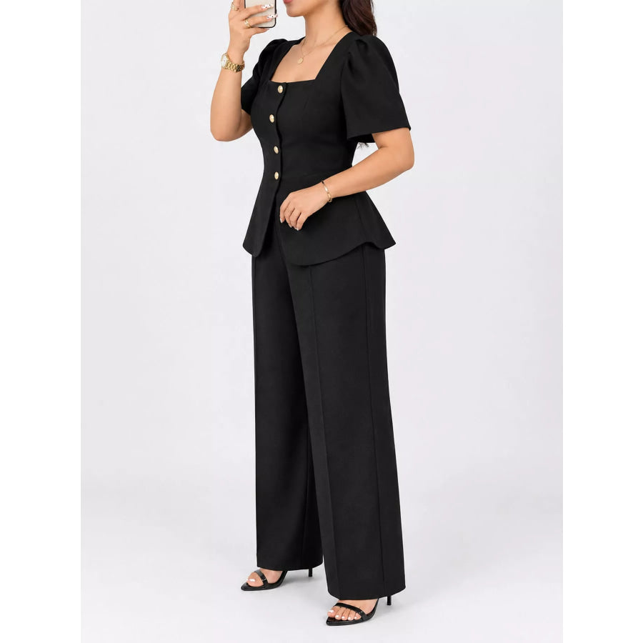 Plus Size Peplum Top and Wide-Leg Pants Two-Piece Set Apparel Accessories