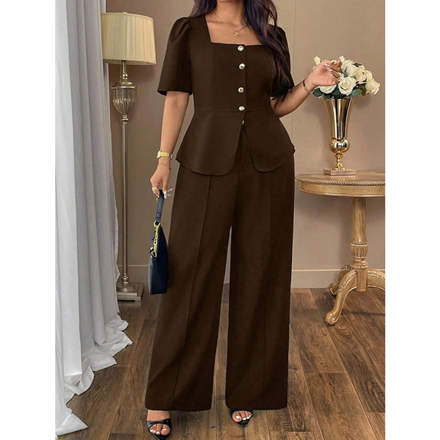 Plus Size Peplum Top and Wide-Leg Pants Two-Piece Set Apparel Accessories
