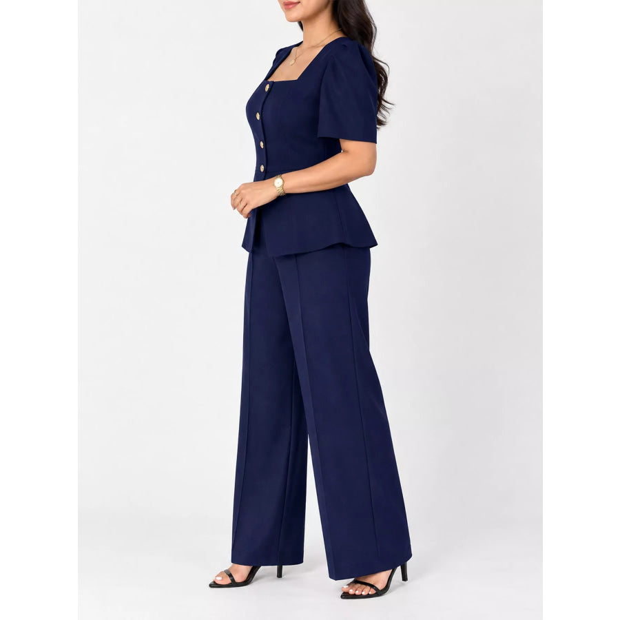 Plus Size Peplum Top and Wide-Leg Pants Two-Piece Set Apparel Accessories