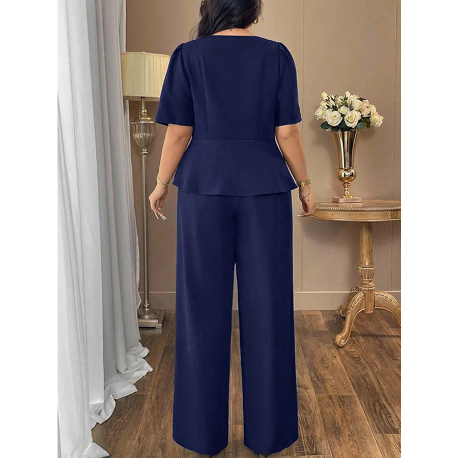 Plus Size Peplum Top and Wide-Leg Pants Two-Piece Set Apparel Accessories