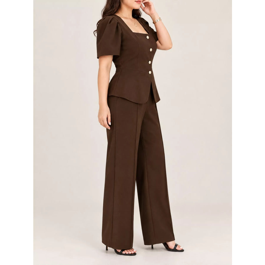 Plus Size Peplum Top and Wide-Leg Pants Two-Piece Set Apparel Accessories