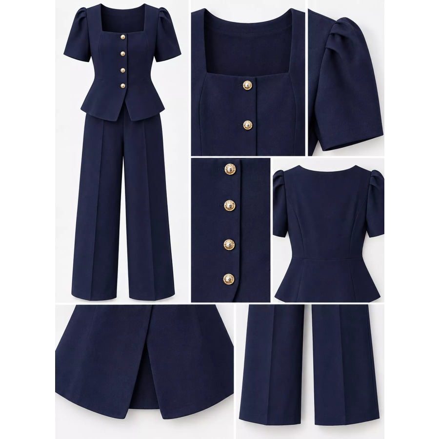 Plus Size Peplum Top and Wide-Leg Pants Two-Piece Set Apparel Accessories