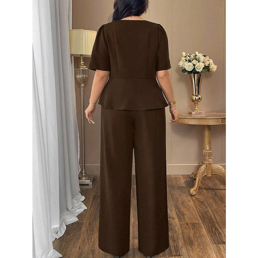 Plus Size Peplum Top and Wide-Leg Pants Two-Piece Set Apparel Accessories