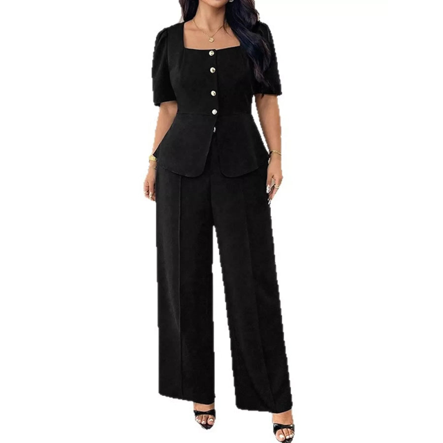 Plus Size Peplum Top and Wide-Leg Pants Two-Piece Set Apparel Accessories
