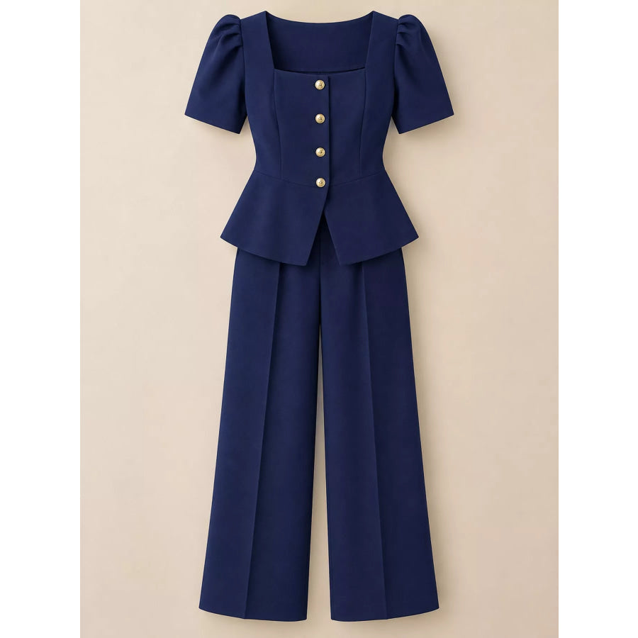 Plus Size Peplum Top and Wide-Leg Pants Two-Piece Set Apparel Accessories