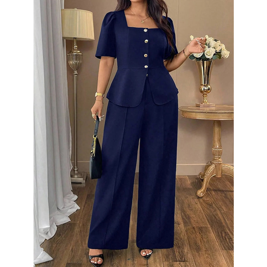 Plus Size Peplum Top and Wide-Leg Pants Two-Piece Set Apparel Accessories