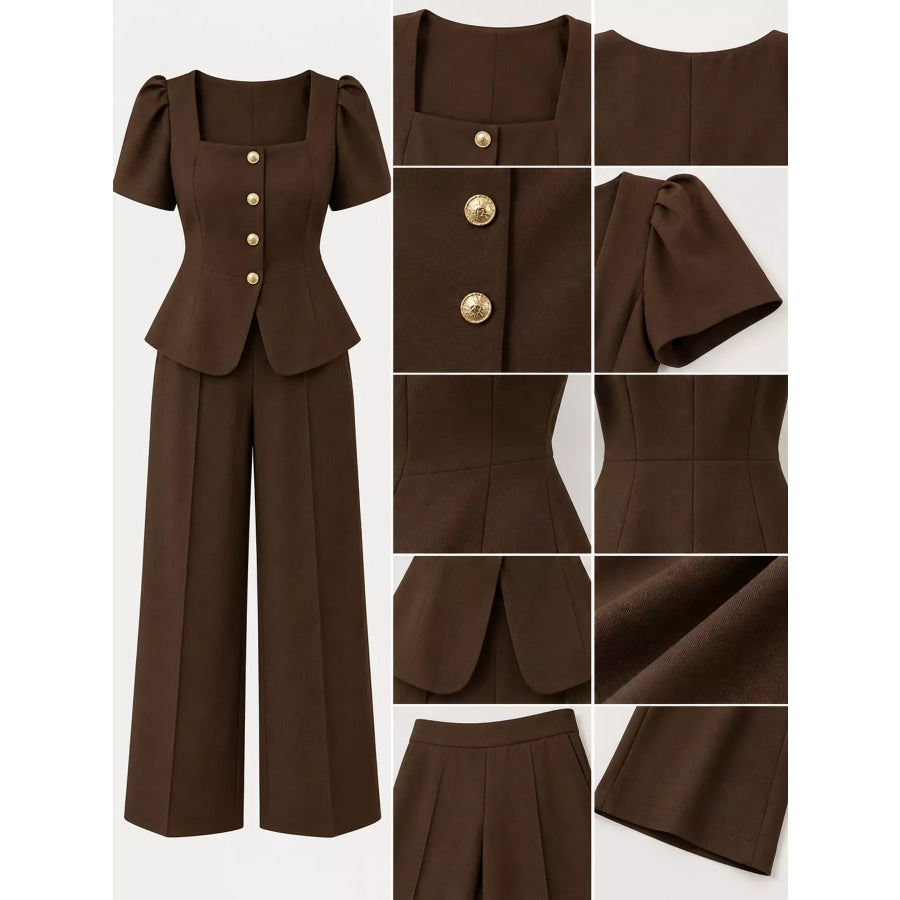 Plus Size Peplum Top and Wide-Leg Pants Two-Piece Set Apparel Accessories