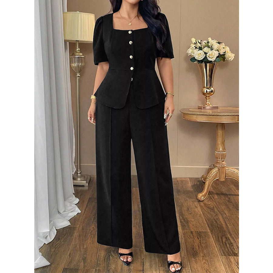 Plus Size Peplum Top and Wide-Leg Pants Two-Piece Set Apparel Accessories