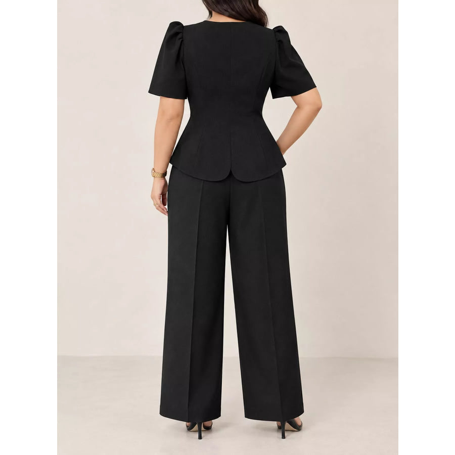 Plus Size Peplum Top and Wide-Leg Pants Two-Piece Set Apparel Accessories