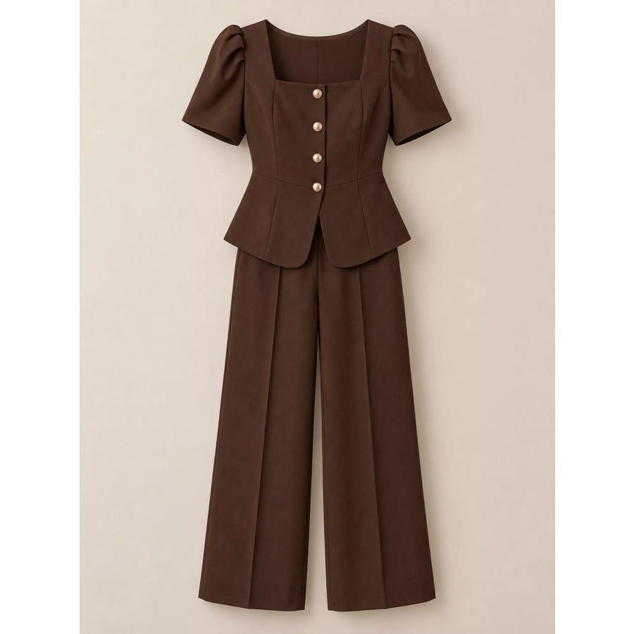 Plus Size Peplum Top and Wide-Leg Pants Two-Piece Set Apparel Accessories
