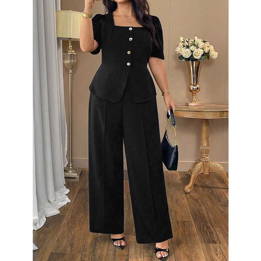 Plus Size Peplum Top and Wide-Leg Pants Two-Piece Set Apparel Accessories