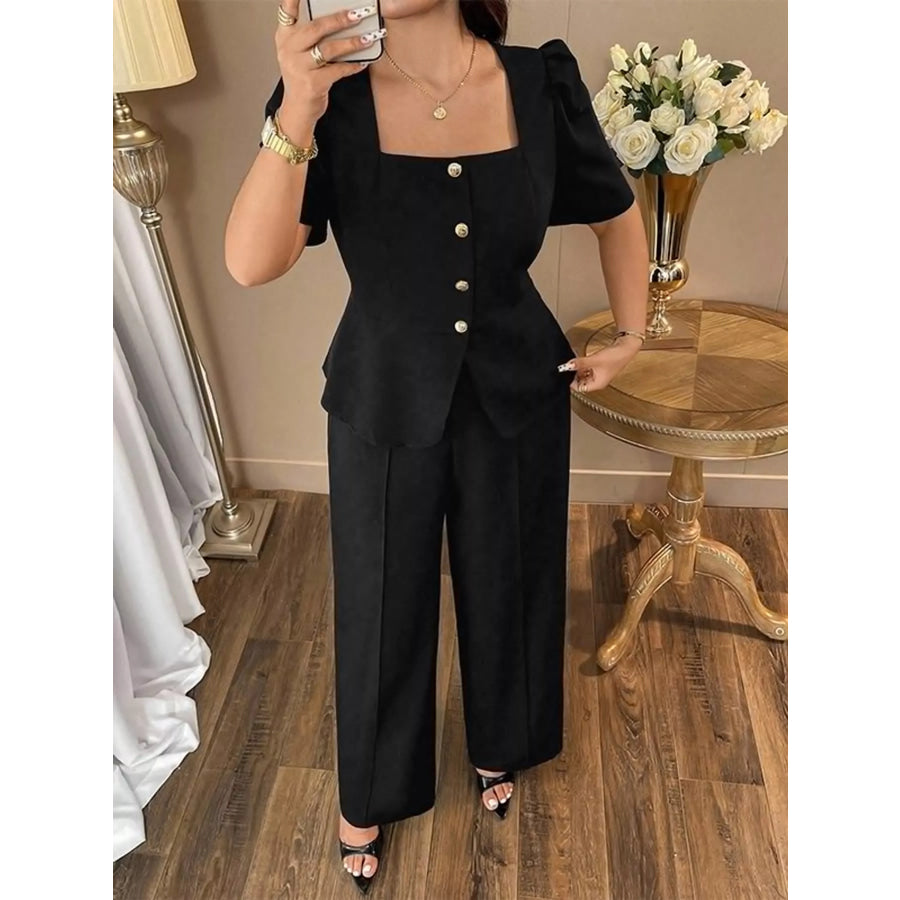Plus Size Peplum Top and Wide-Leg Pants Two-Piece Set Black / XL Apparel Accessories