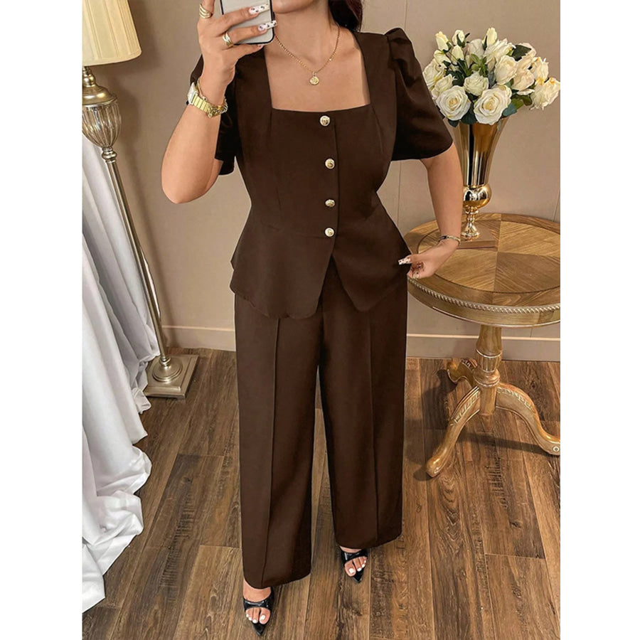 Plus Size Peplum Top and Wide-Leg Pants Two-Piece Set Brown / XL Apparel Accessories