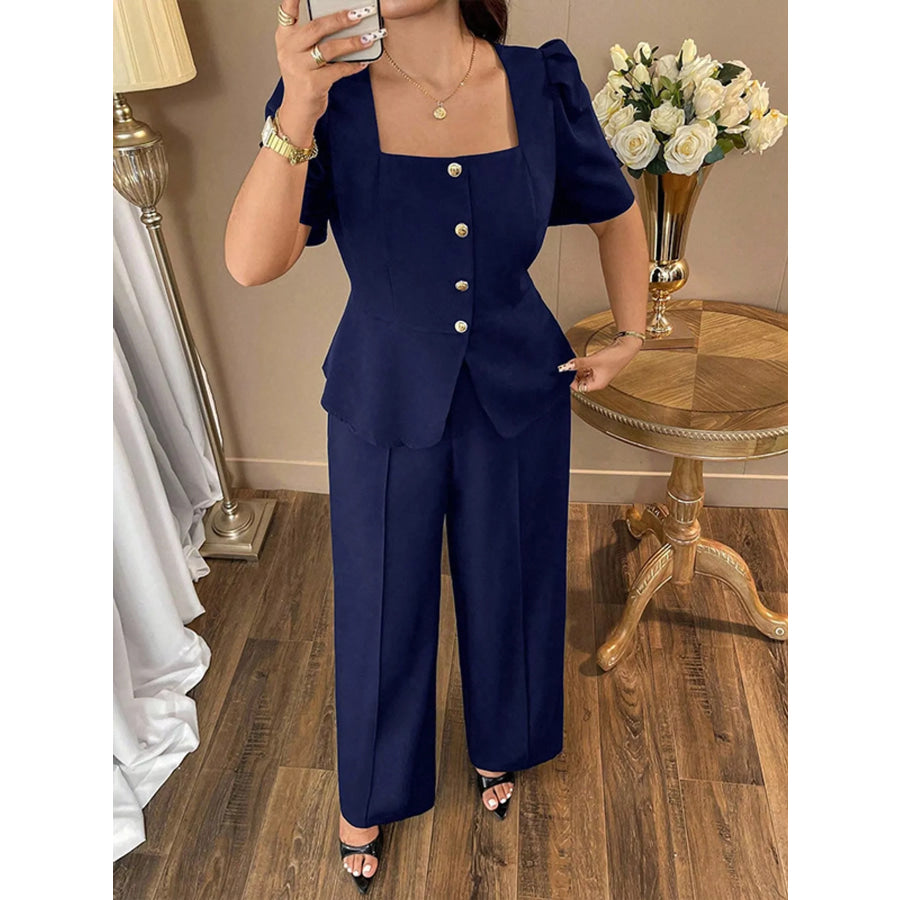 Plus Size Peplum Top and Wide-Leg Pants Two-Piece Set Navy / XL Apparel Accessories