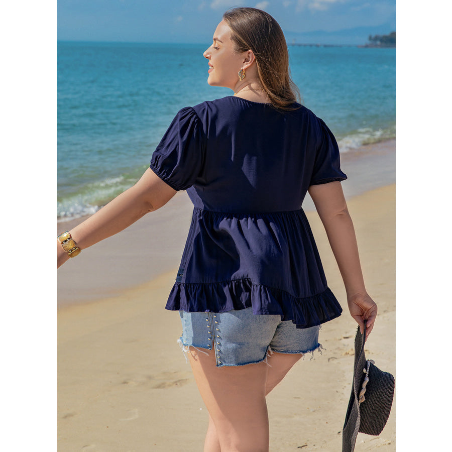 Plus Size Peplum V-Neck Short Sleeve Blouse Dark Blue / 0XL Apparel and Accessories